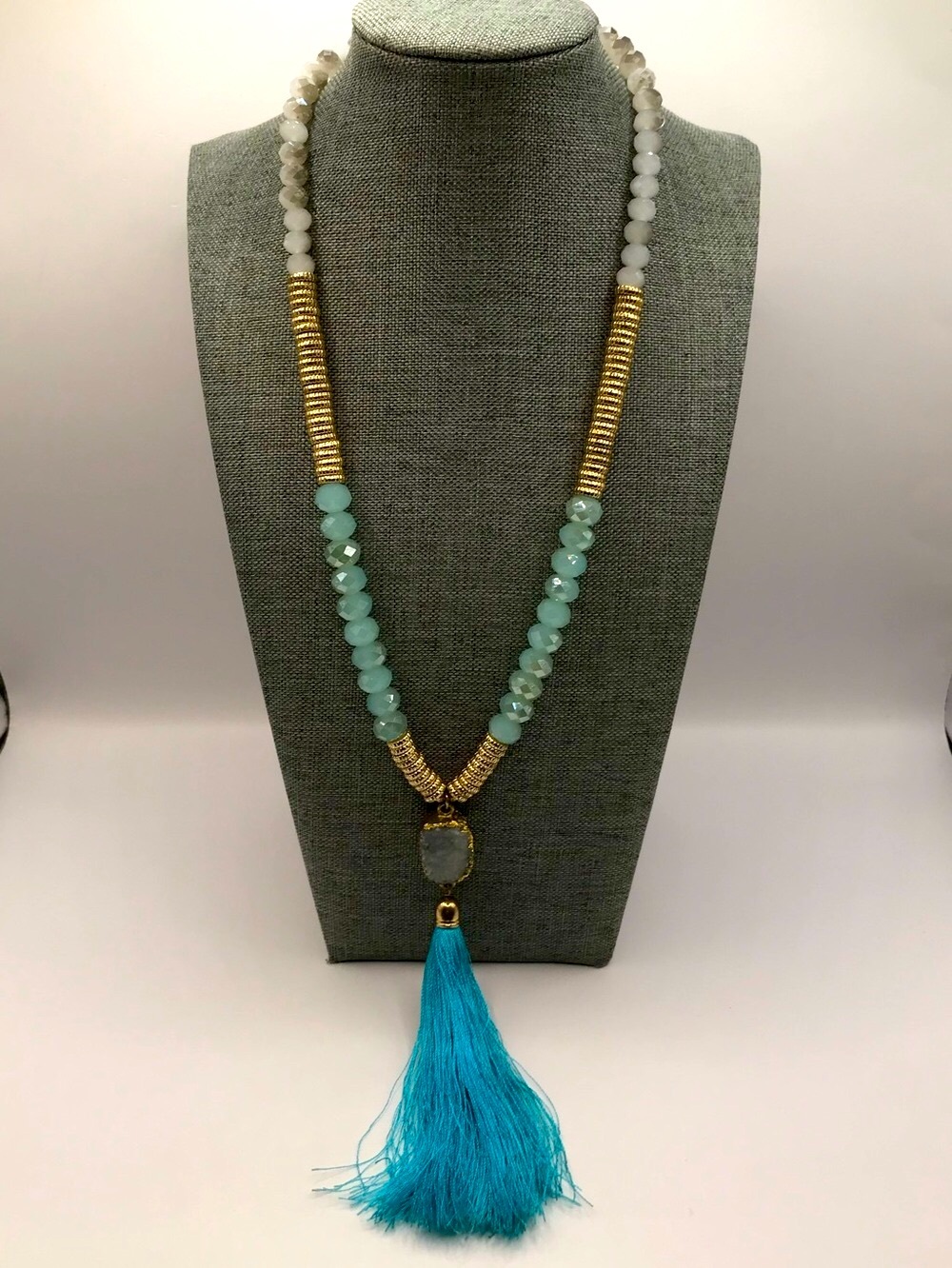Gold-Accent Blue Tassel Beaded Necklace